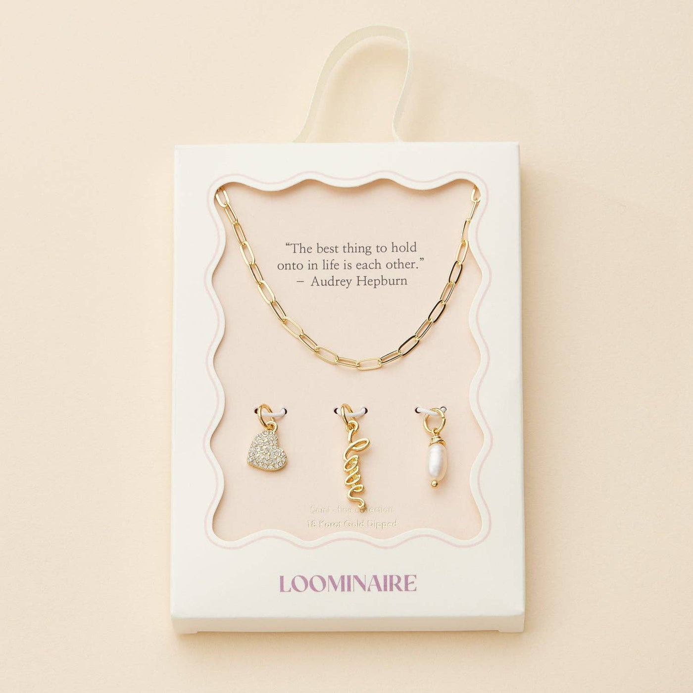 Gold Dipped 18K Love, Heart, and Pearl Charm Necklace