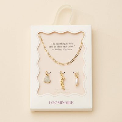 Gold Dipped 18K Love, Heart, and Pearl Charm Necklace