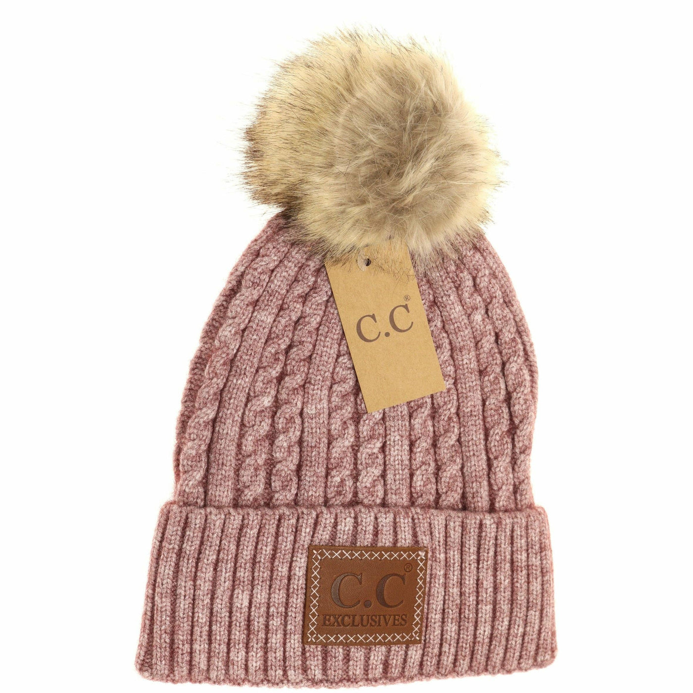 Double Braided Knit Taupe Pom C.C. Beanie Hat