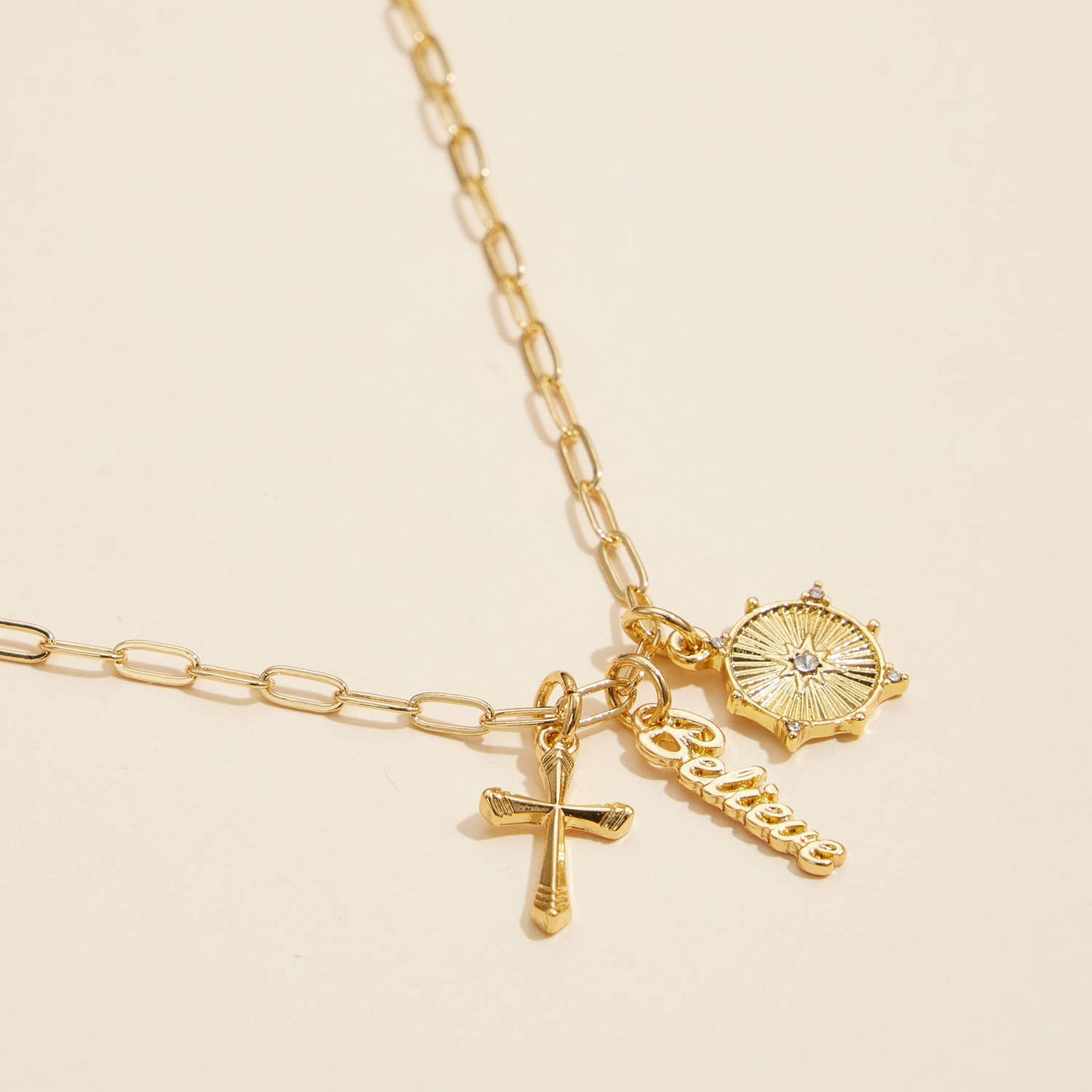 Gold Dipped 18K Cross, Believe, and Compass Charms Necklace