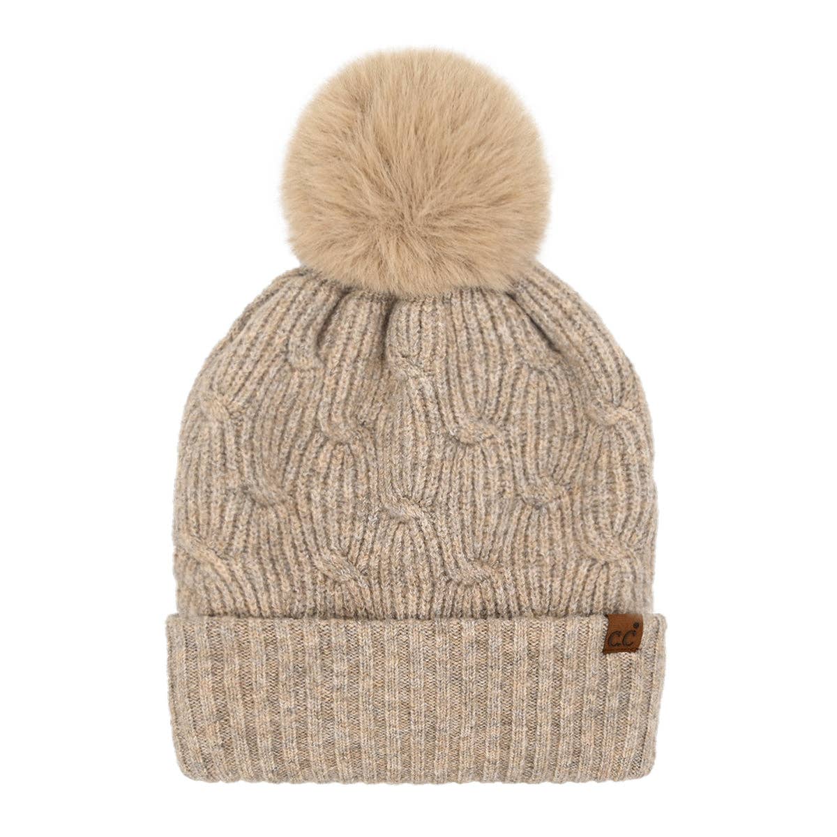 Chain Link Taupe Knitted C.C Pom Beanie Hat