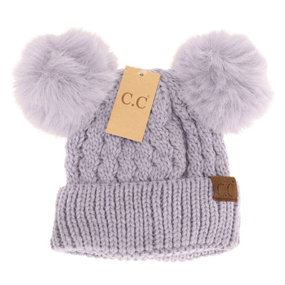 Cable Knit Double Rose Pom C.C. Beanie Hat