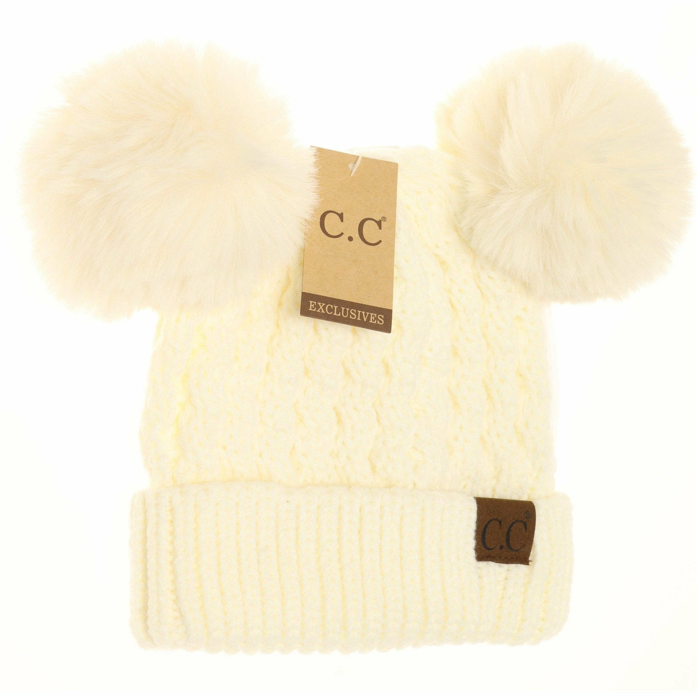 Cable Knit Double Beige Pom C.C. Beanie Hat