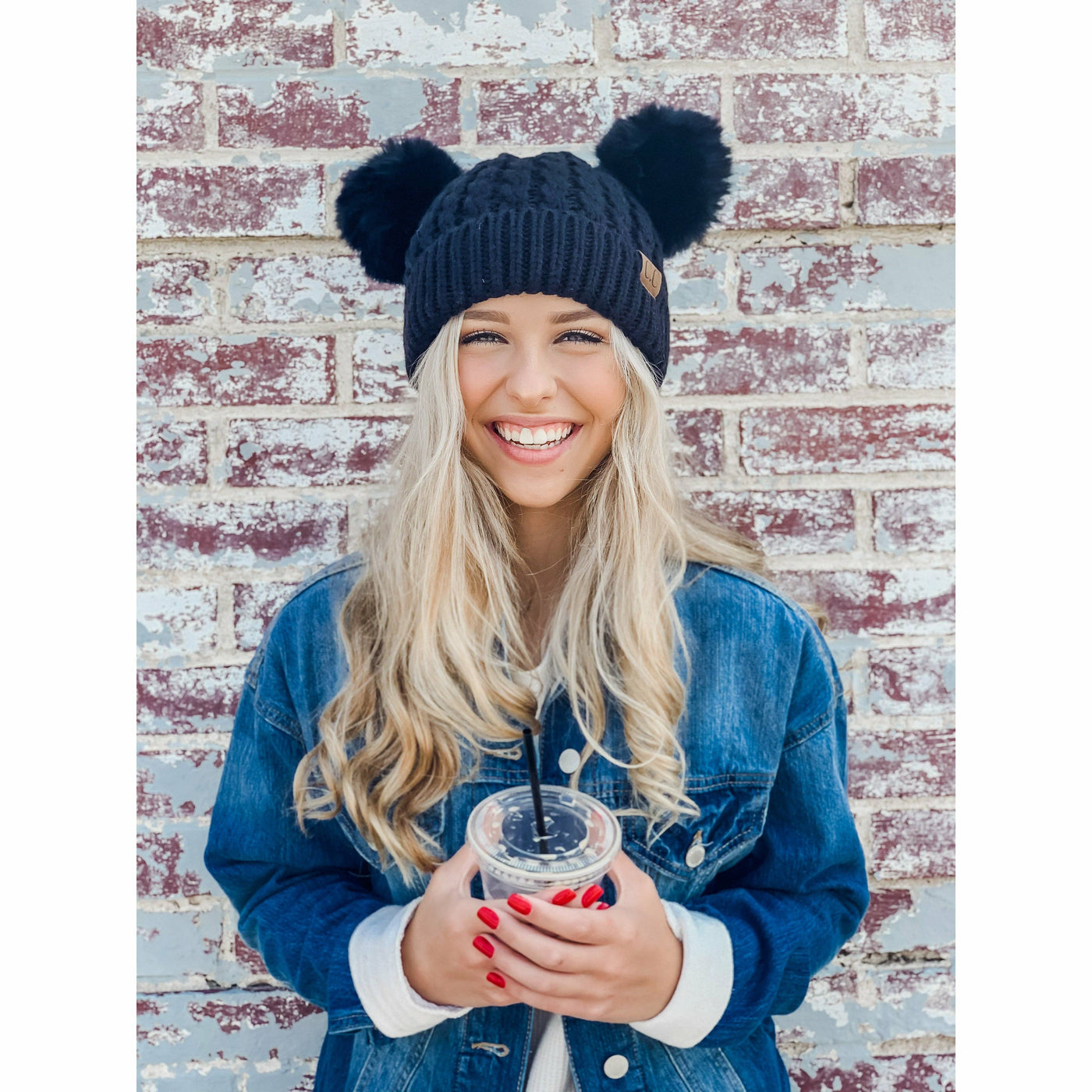 Cable Knit Double Black Pom C.C. Beanie Hat