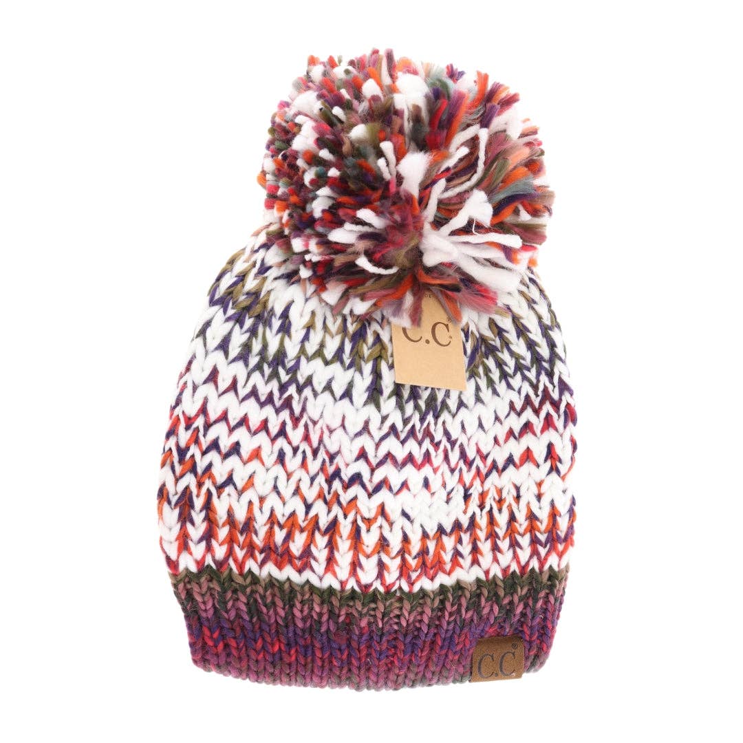 Fuzzy Lined Multicolored Rust Mix Yarn Pom C.C Beanie Hat