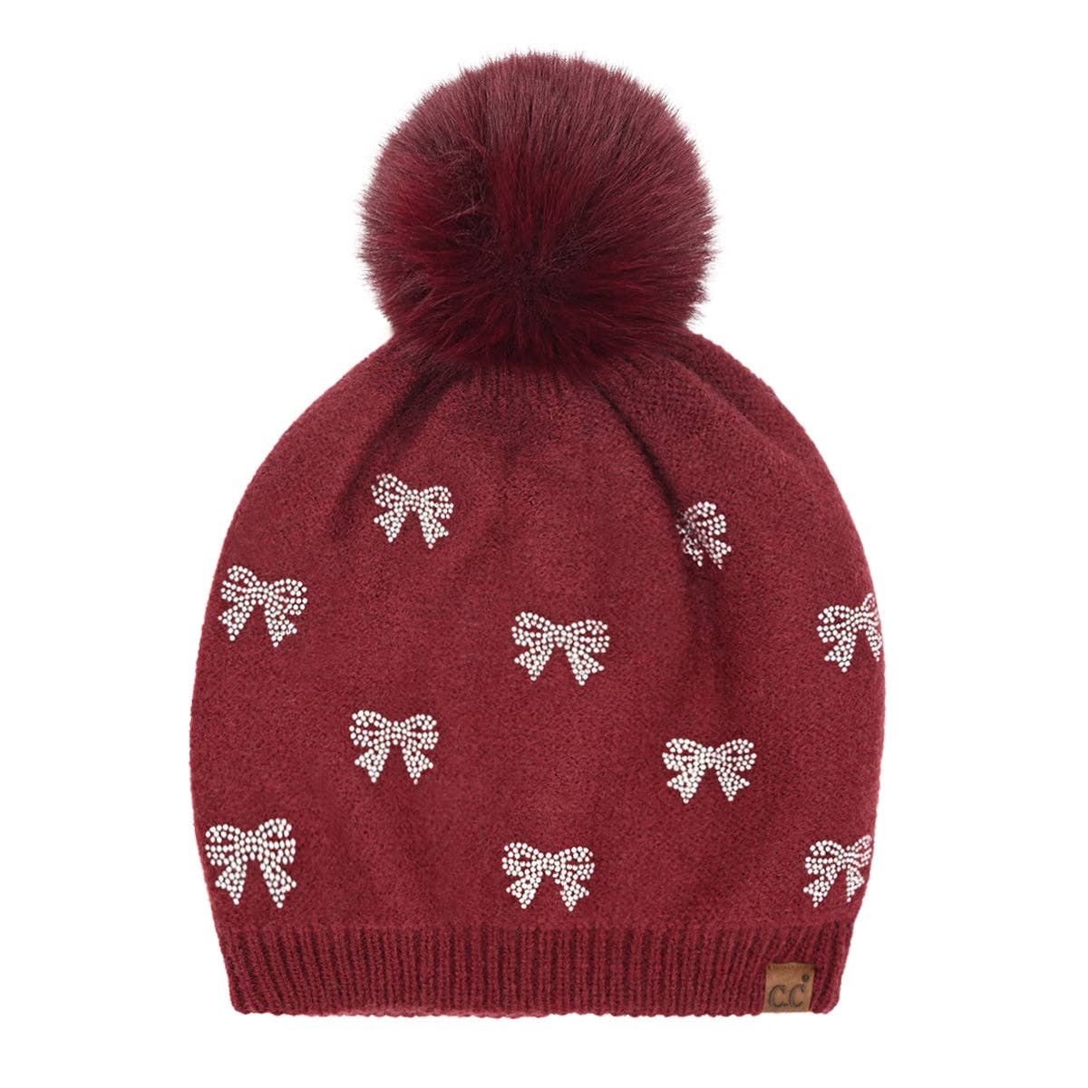 Rhinestone Bow Burgundy C.C Pom Beanie Hat