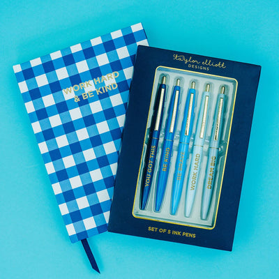 5 Piece Assorted Blue Motivational Pen Set: Taylor Elliott Designs