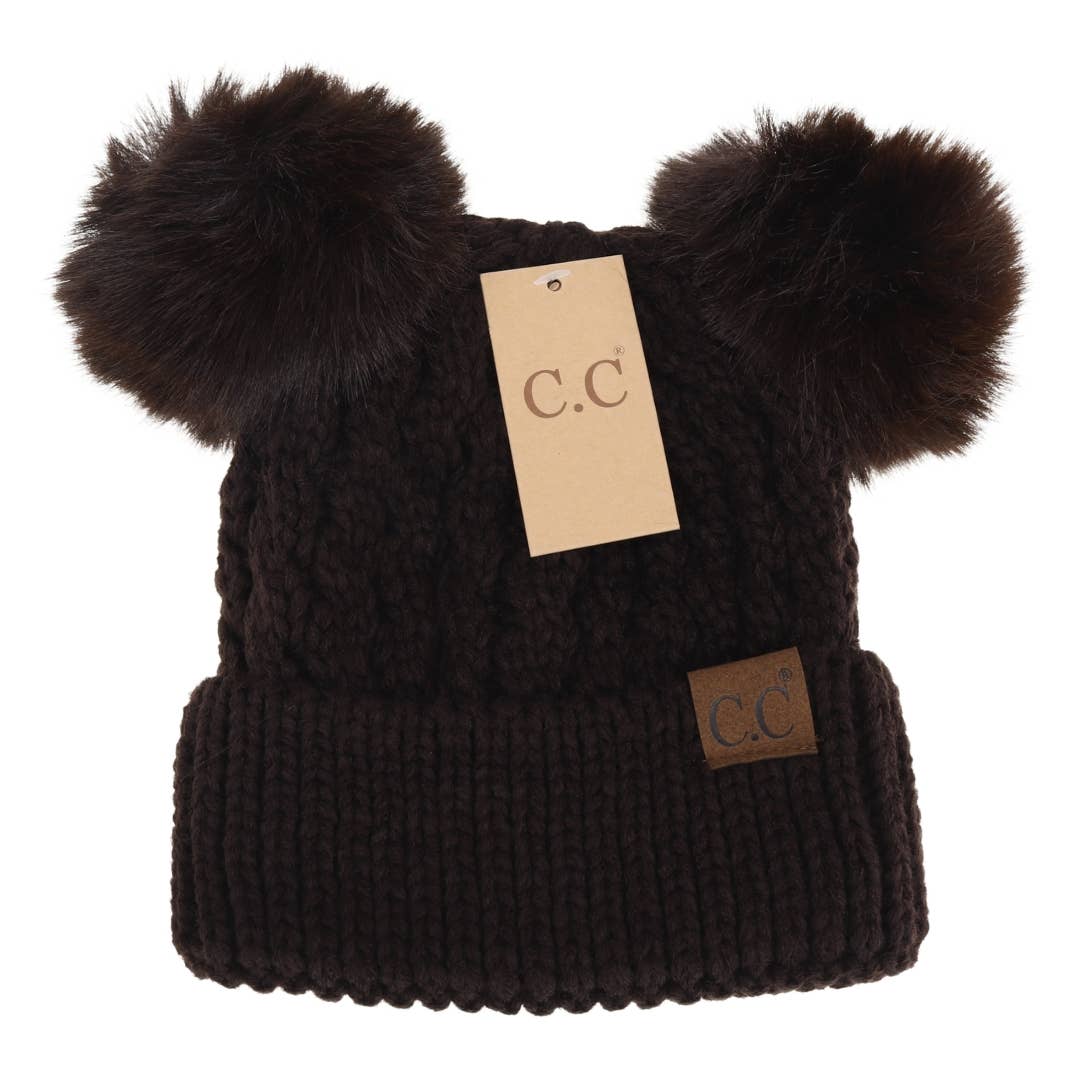 Cable Knit Double Beige Pom C.C. Beanie Hat