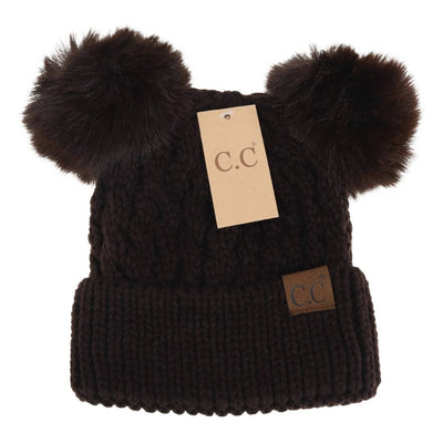 Cable Knit Double Black Pom C.C. Beanie Hat