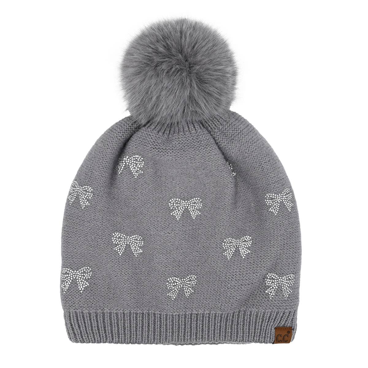 Rhinestone Bow Light Gray C.C Pom Beanie Hat