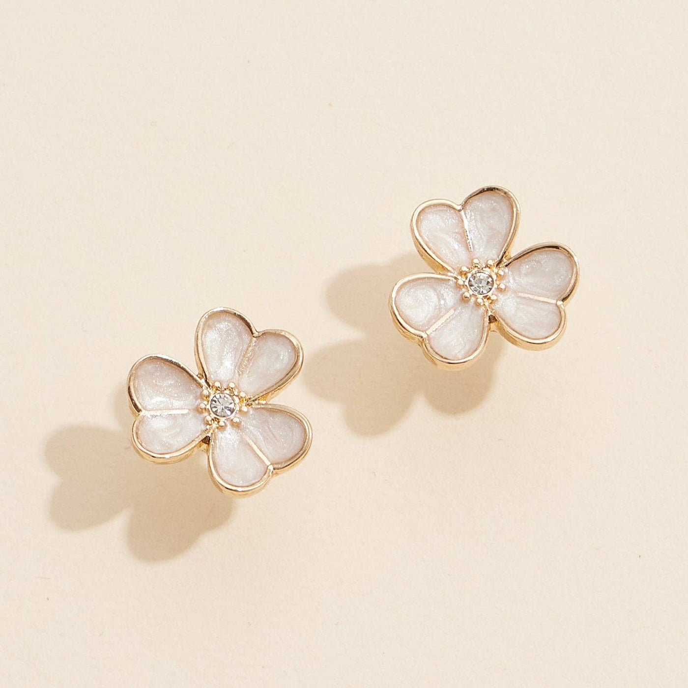 Delicate Flower Stud Earrings with Pearl Inlay and Rhinestone Center: Gold