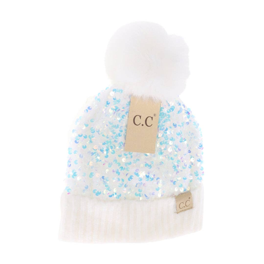 KIDS White Sequin Pom C.C Beanie Hat