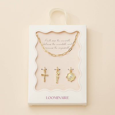 Gold Dipped 18K Cross, Believe, and Compass Charms Necklace