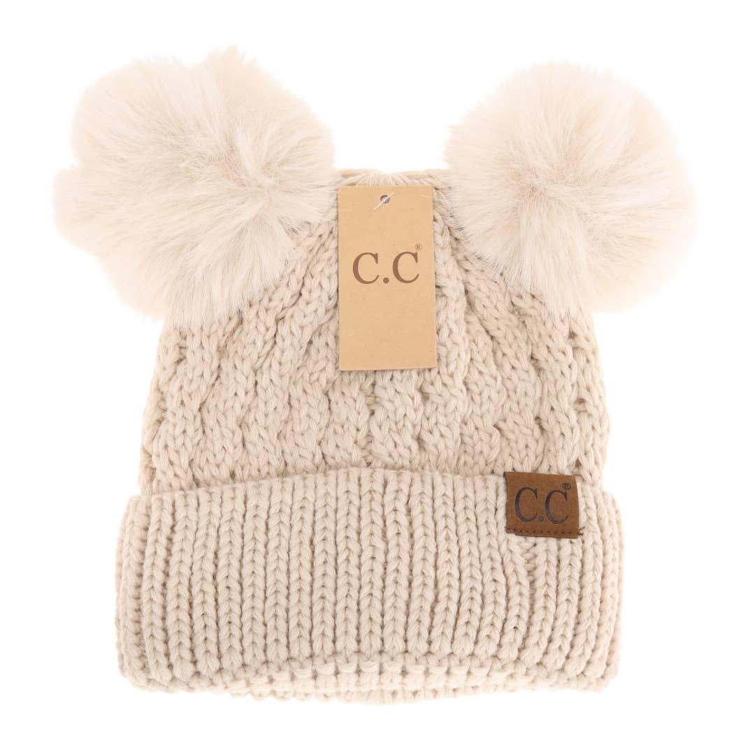 Cable Knit Double Beige Pom C.C. Beanie Hat