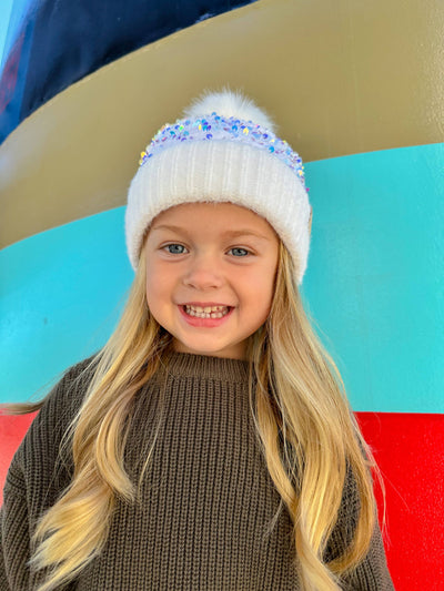 KIDS White Sequin Pom C.C Beanie Hat