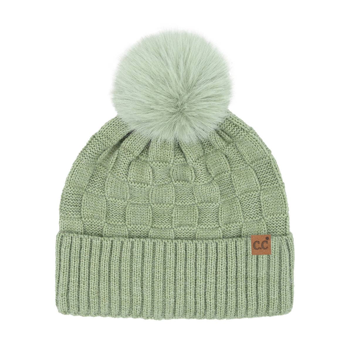 Woven Checkered Texture Sage Pom C.C Beanie Hat