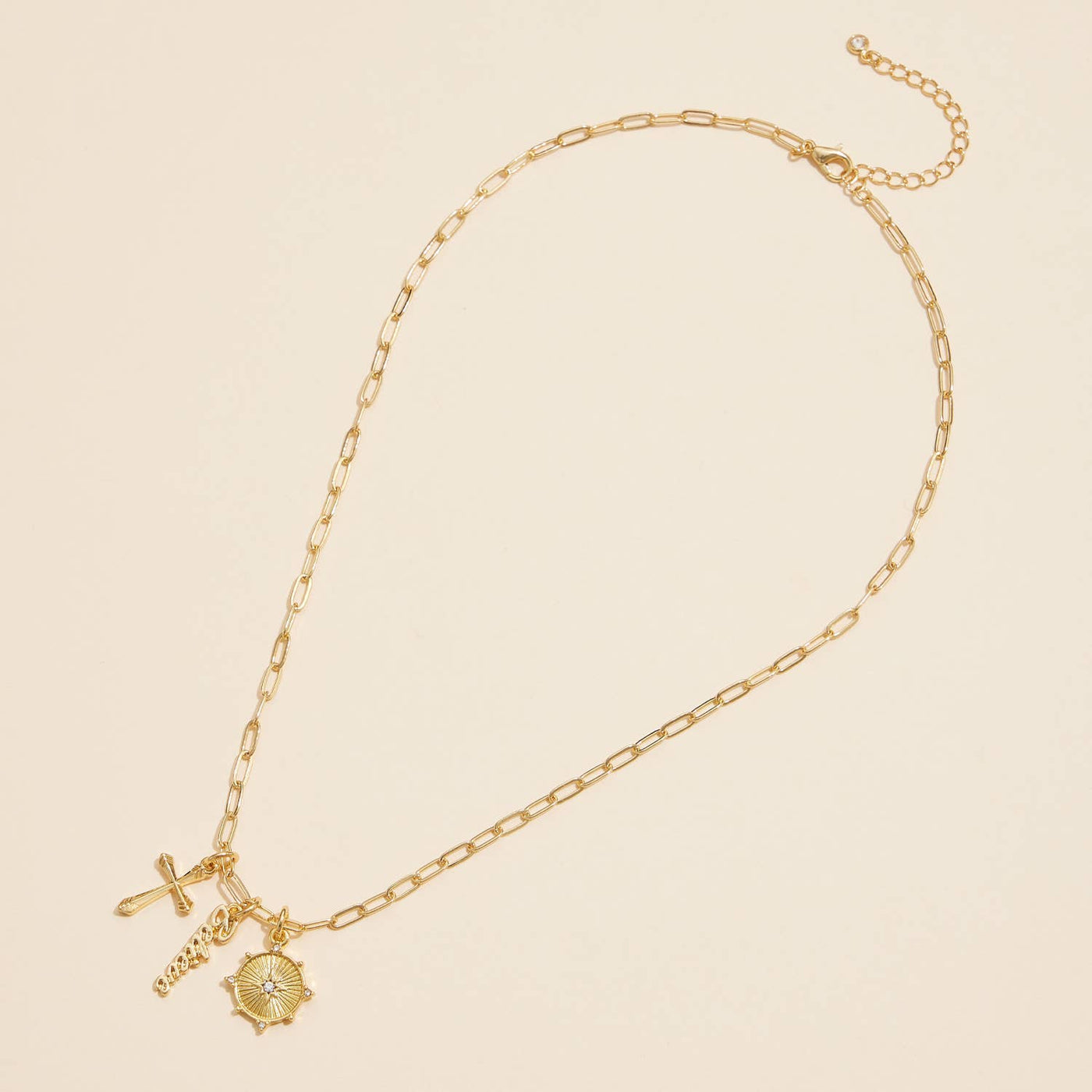 Gold Dipped 18K Cross, Believe, and Compass Charms Necklace