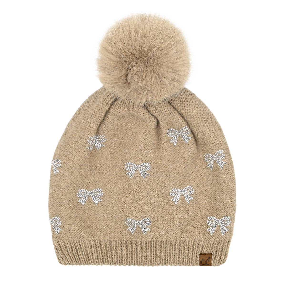 Rhinestone Bow Taupe C.C Pom Beanie Hat