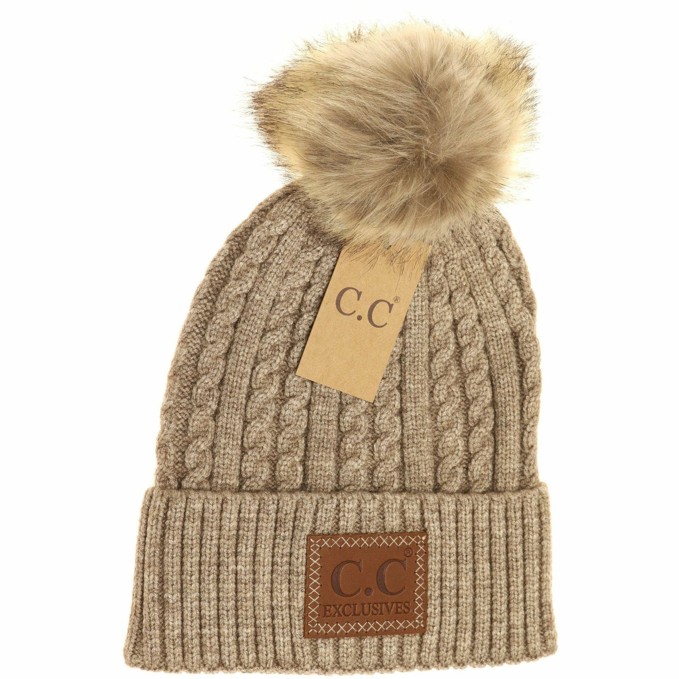 Double Braided Knit Taupe Pom C.C. Beanie Hat