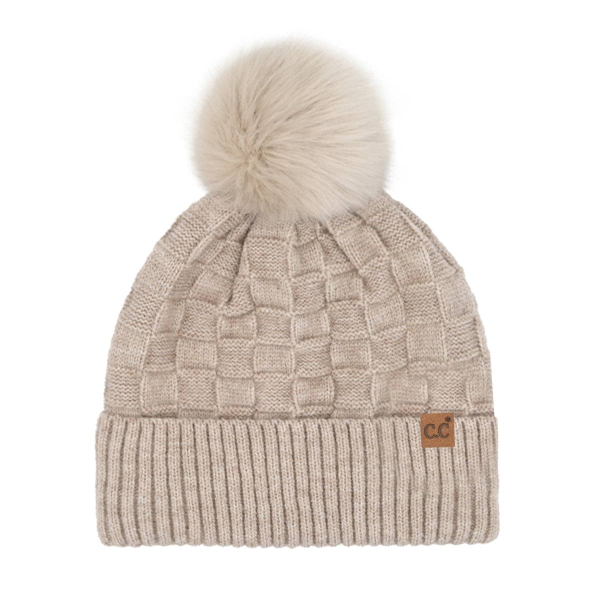 Woven Checkered Texture Beige Pom C.C Beanie Hat