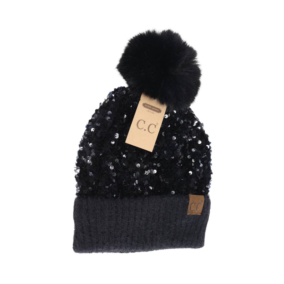 Cluster Sequin Black Pom C.C Beanie Hat