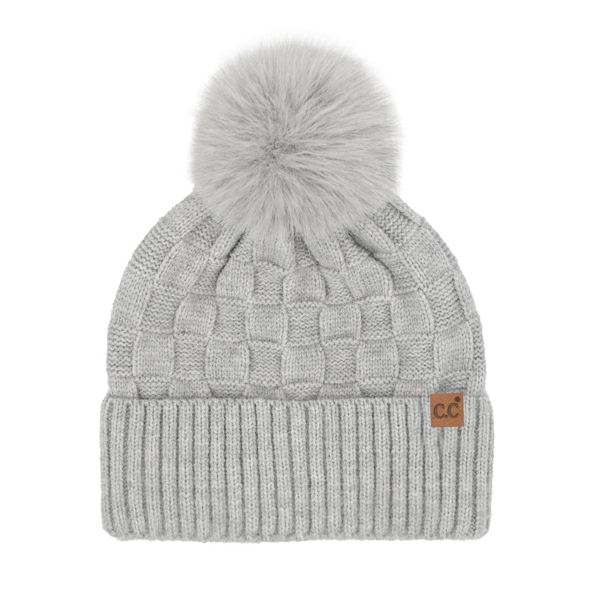 Woven Checkered Texture Light Gray Pom C.C Beanie Hat