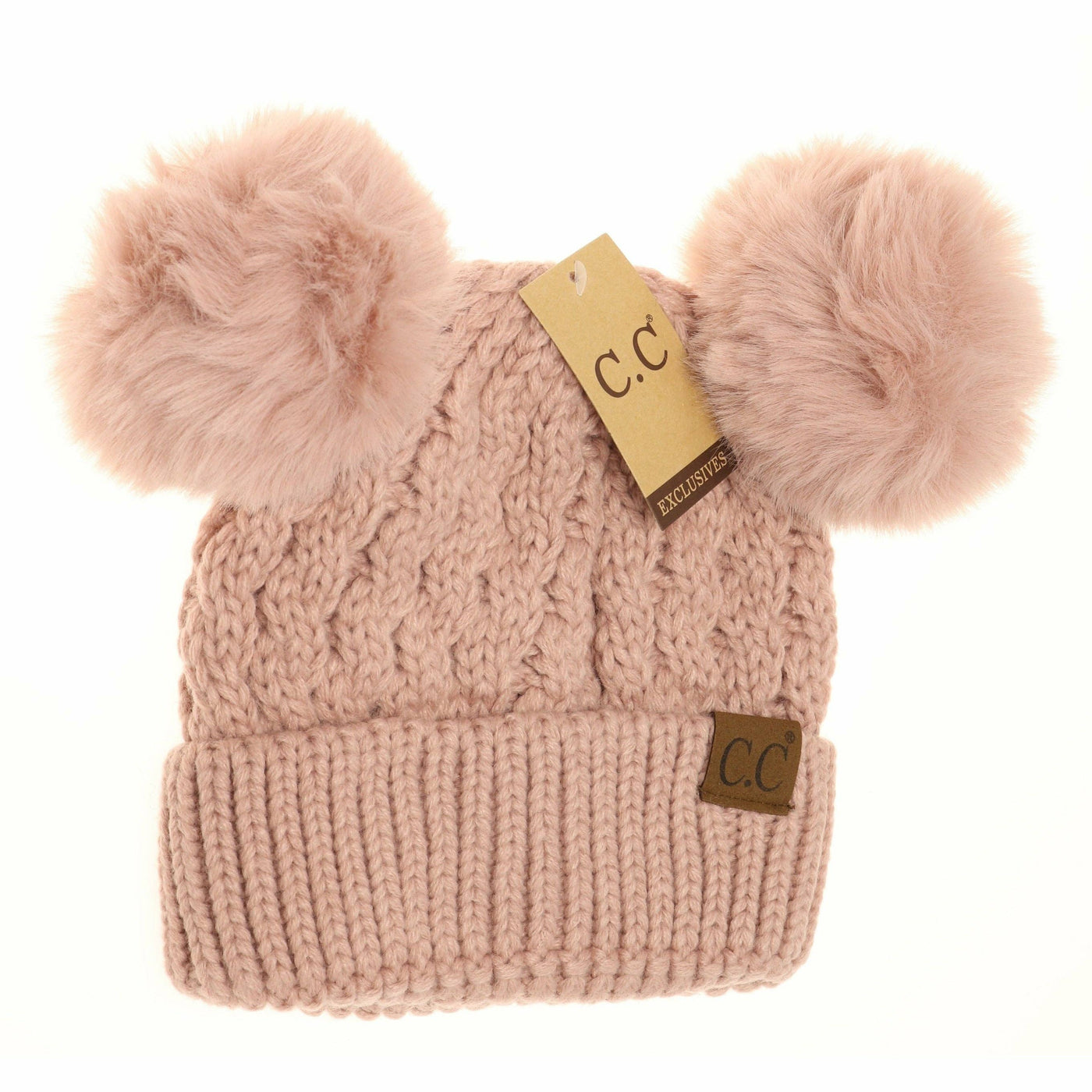 Cable Knit Double Rose Pom C.C. Beanie Hat