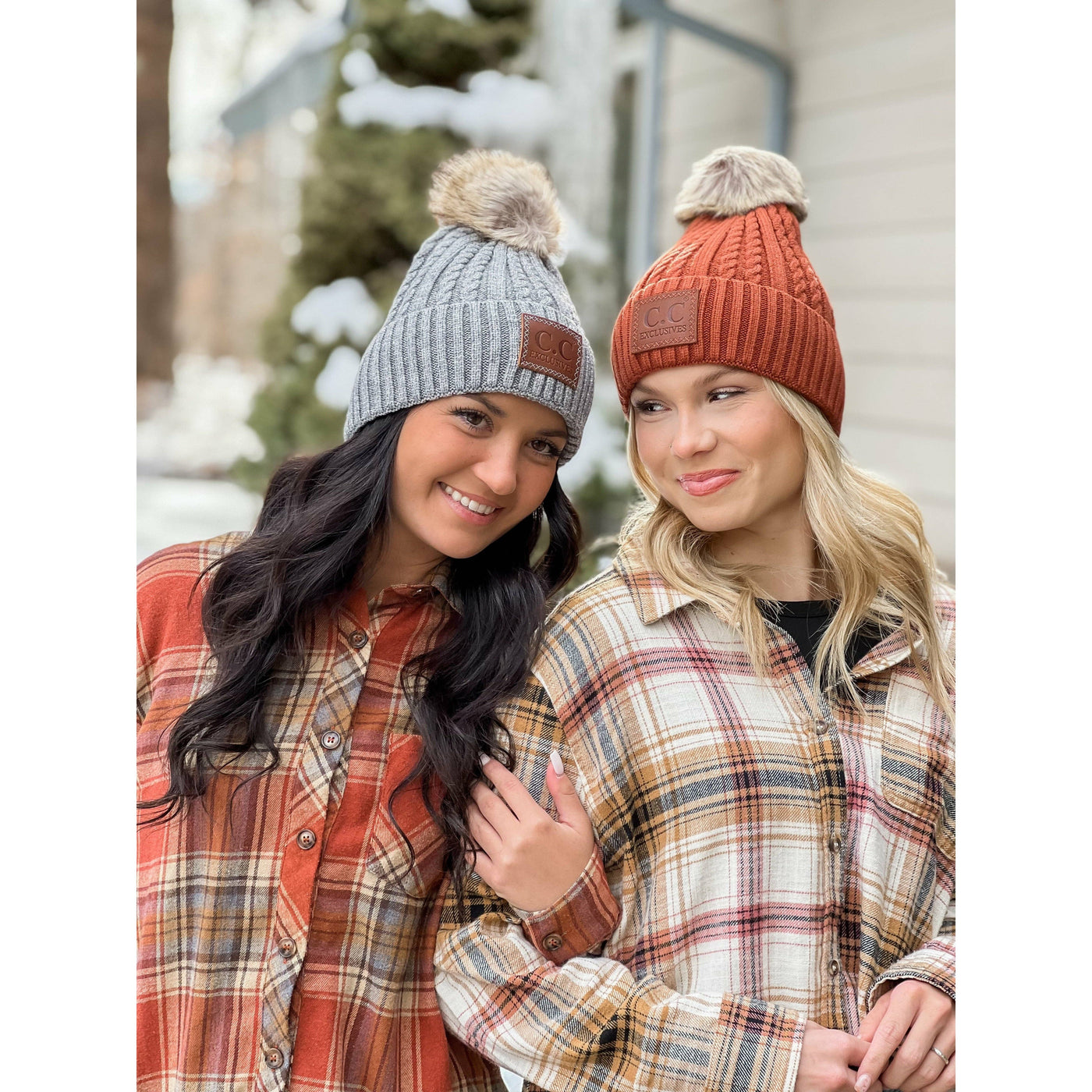 Double Braided Knit Rust Pom C.C. Beanie Hat