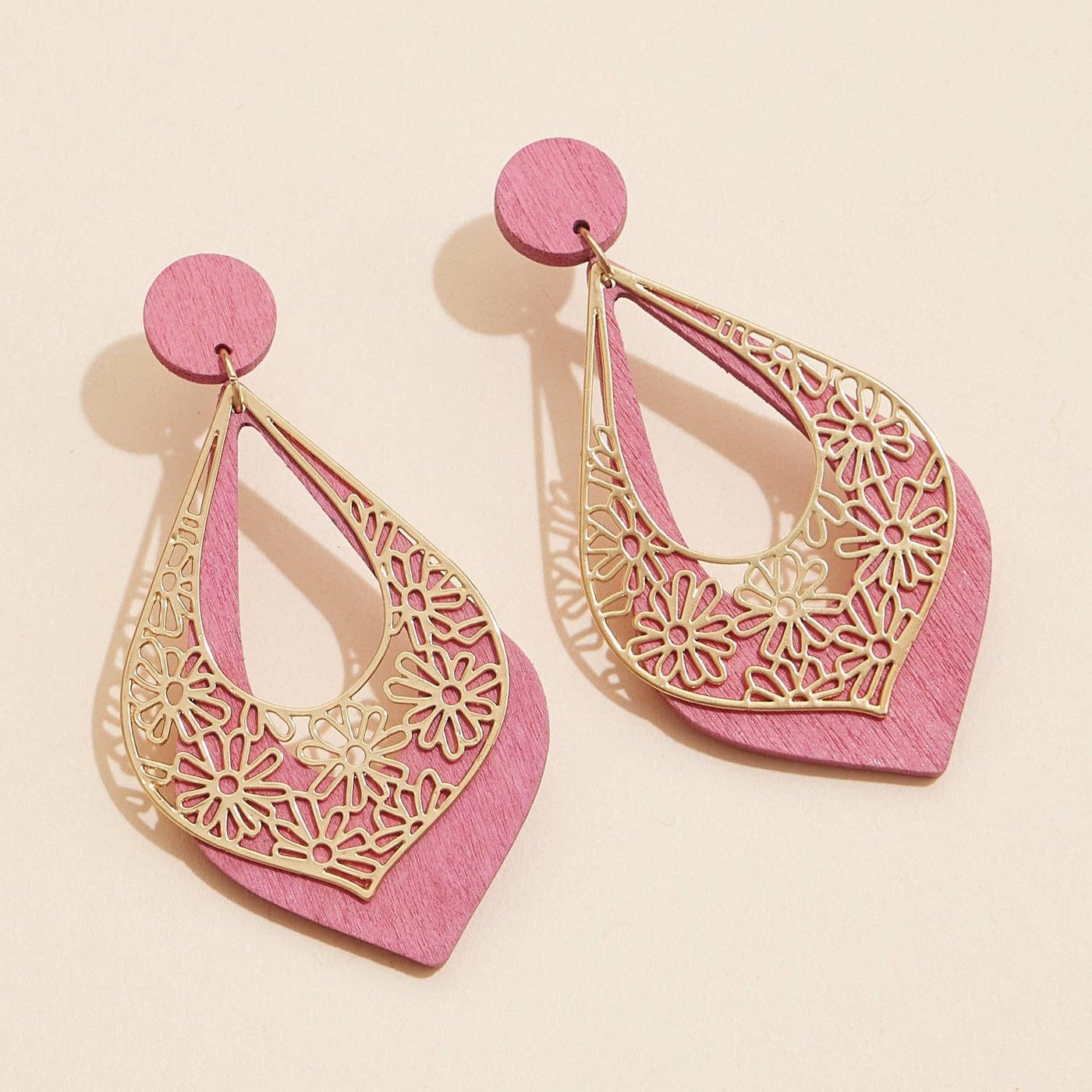 Floral Days Pink Teardrop Cutout Statement Earrings