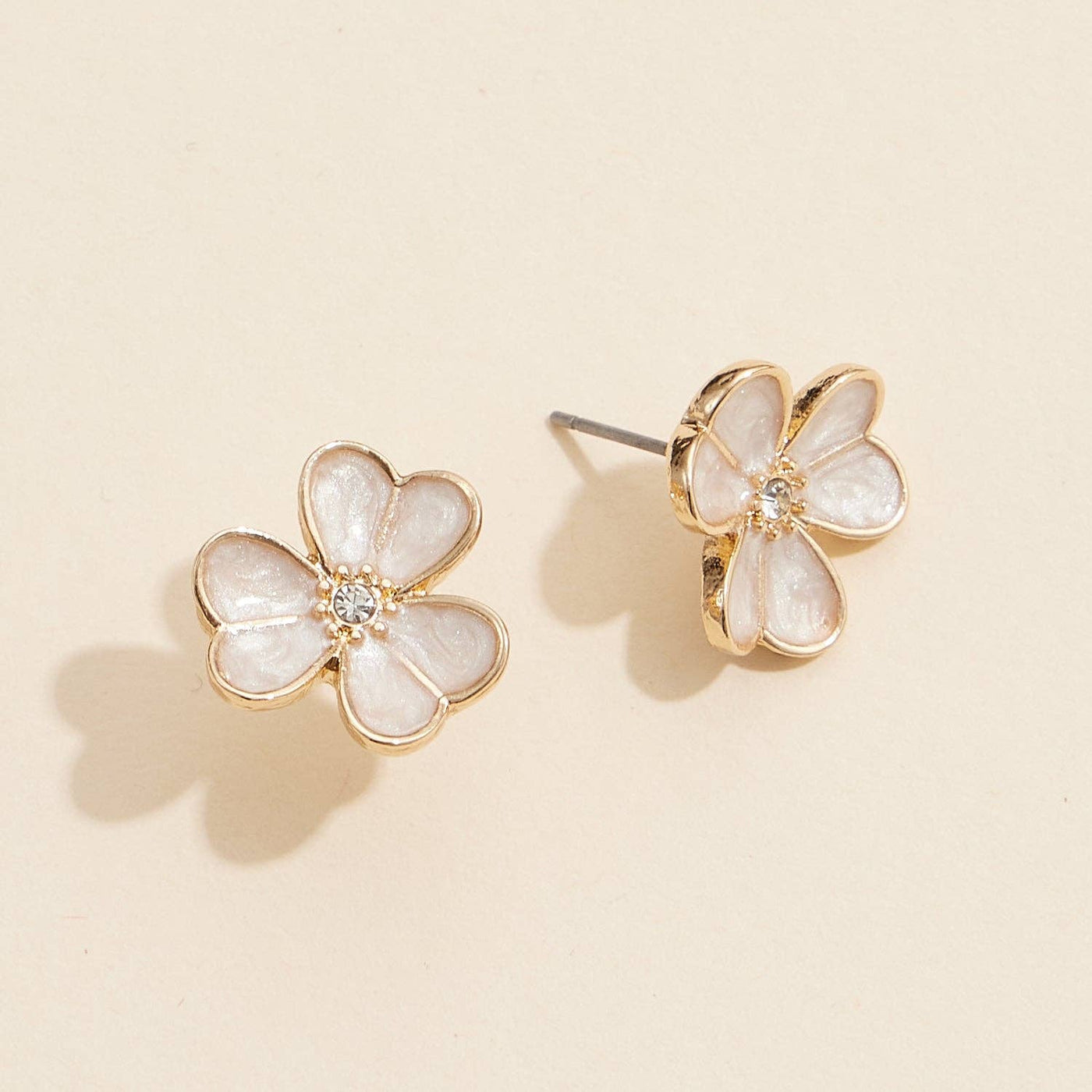 Delicate Flower Stud Earrings with Pearl Inlay and Rhinestone Center: Gold