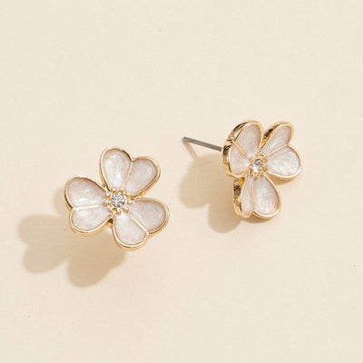 Delicate Flower Stud Earrings with Pearl Inlay and Rhinestone Center: Gold