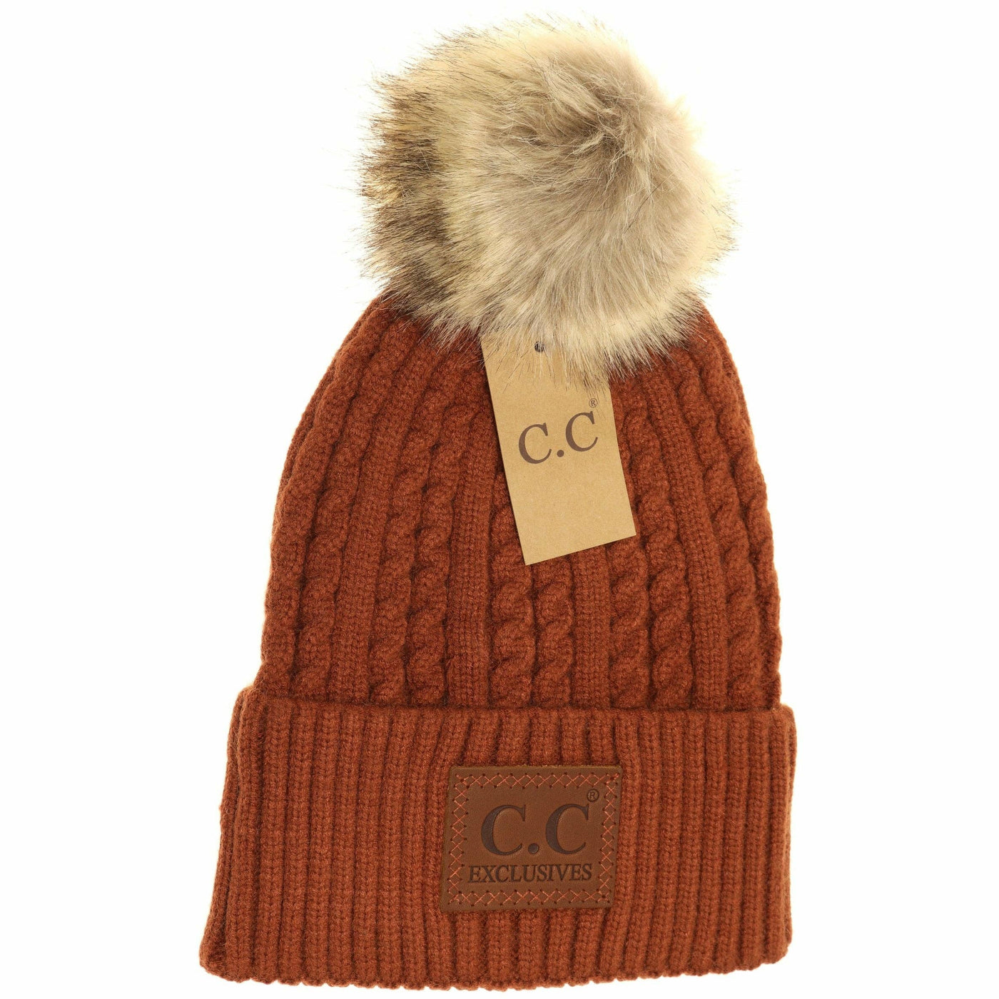 Double Braided Knit Rust Pom C.C. Beanie Hat