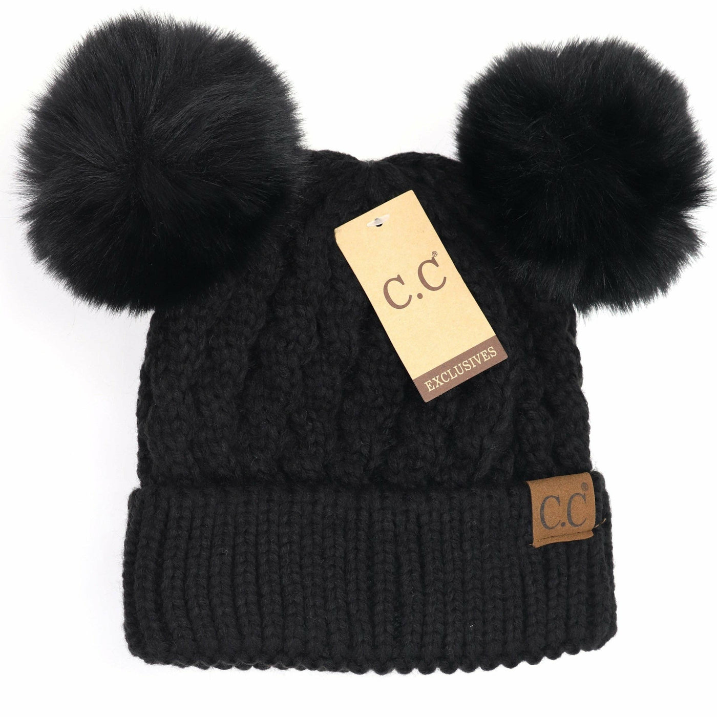 Cable Knit Double Beige Pom C.C. Beanie Hat