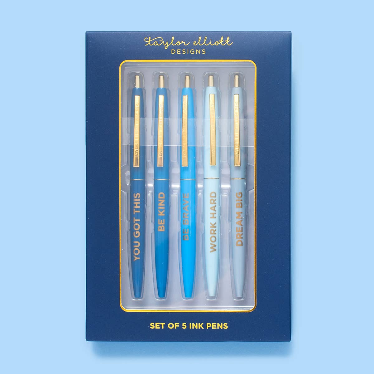 5 Piece Assorted Blue Motivational Pen Set: Taylor Elliott Designs