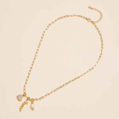 Gold Dipped 18K Love, Heart, and Pearl Charm Necklace